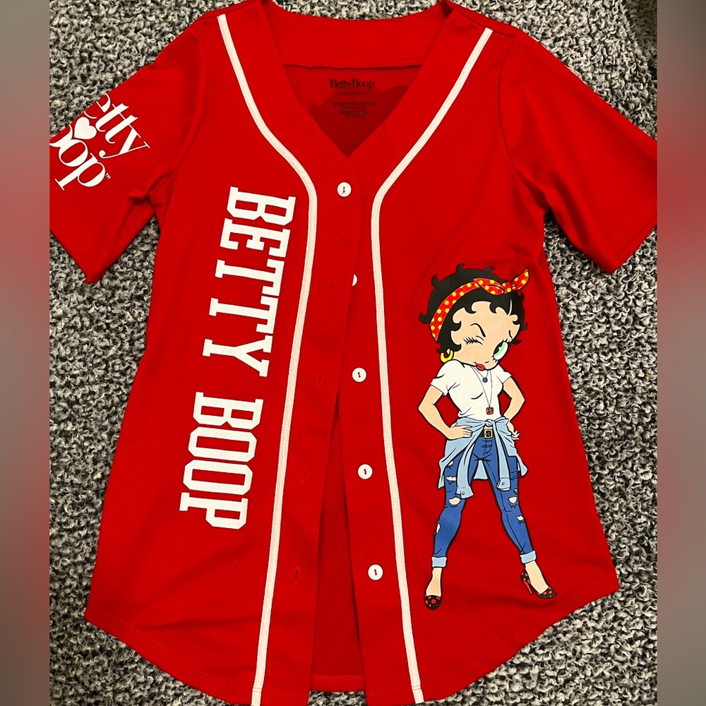Women's Red Betty Boop Button-Down Collared T- Shirt Sleeve V-Neck Baggy Large